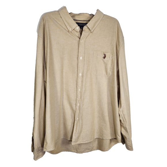 US Polo Assn Mens Shirt 3XL Button Down Tan Long Sleeve Brown Pony Logo Cotton - Picture 1 of 10